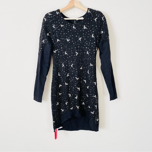 Aje SIZE 10 black beaded bird long sleeve mini dress - Picture 1 of 10